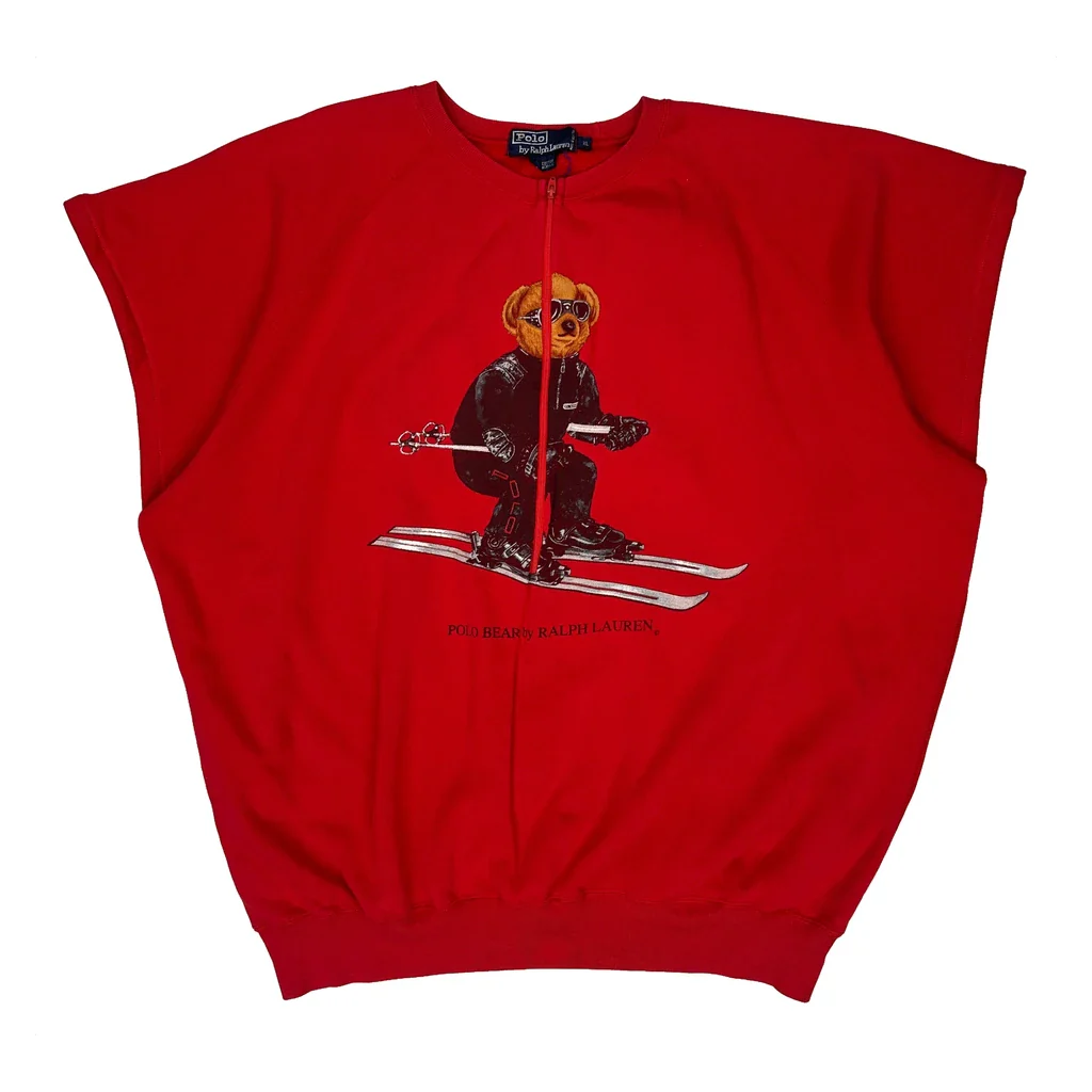 Skiing Polo Bear Ralph Lauren Cut Off 1/4 Zip - XL Red Cotton Blend