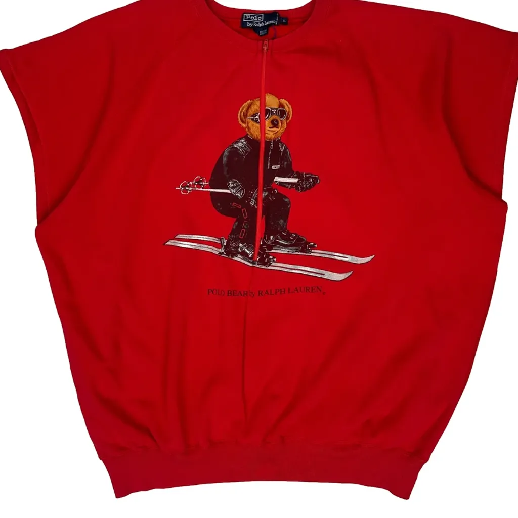 Skiing Polo Bear Ralph Lauren Cut Off 1/4 Zip - XL Red Cotton Blend - Image 4