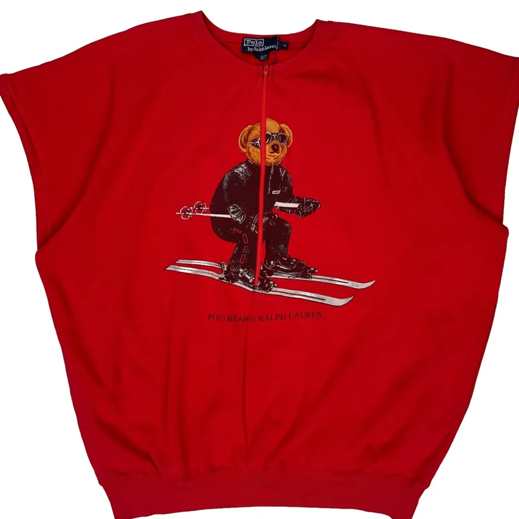 Skiing Polo Bear Ralph Lauren Cut Off 1/4 Zip - XL Red Cotton Blend - Image 5