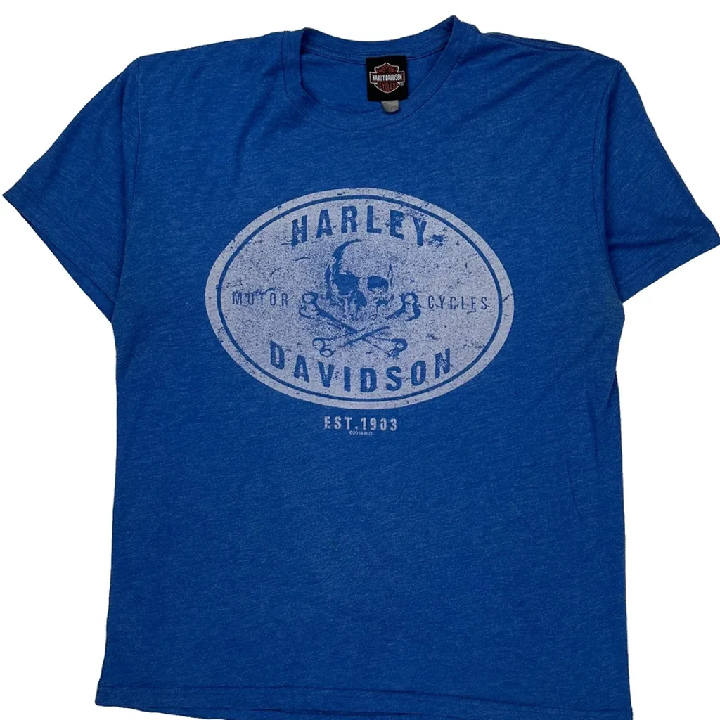 Skull And Crossbones Design Harley Davidson Graphic T-Shirt - Large Blue Cotton - Image 4