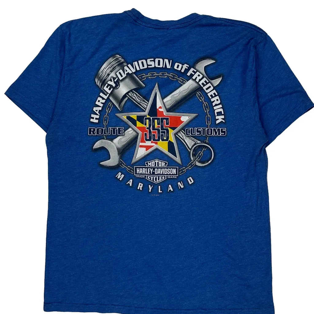 Skull And Crossbones Design Harley Davidson Graphic T-Shirt - Large Blue Cotton - Image 6
