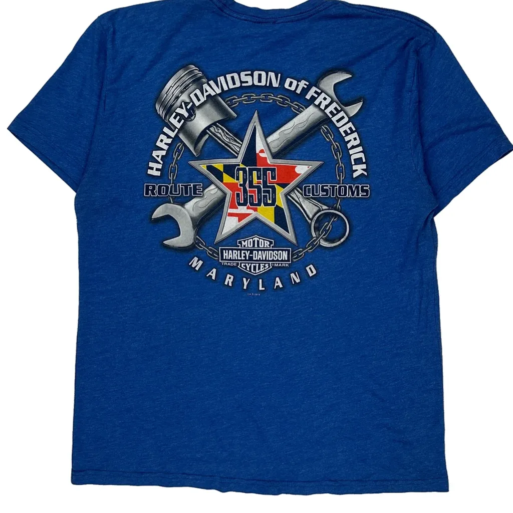 Skull And Crossbones Design Harley Davidson Graphic T-Shirt - Large Blue Cotton - Image 7