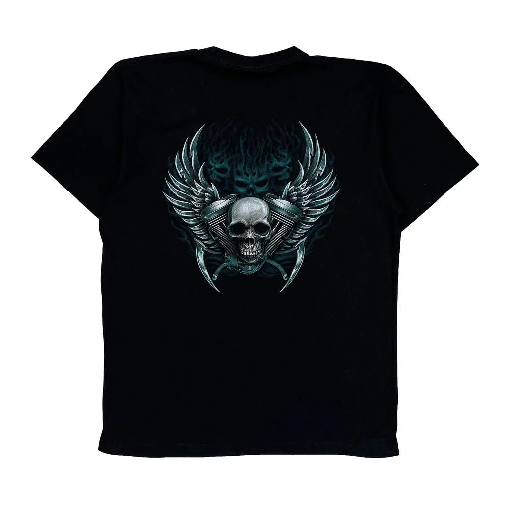 Skull And Motorcycle Graphic Rock Eagle Single Stitch T-Shirt - XL Black Cotton - Image 2
