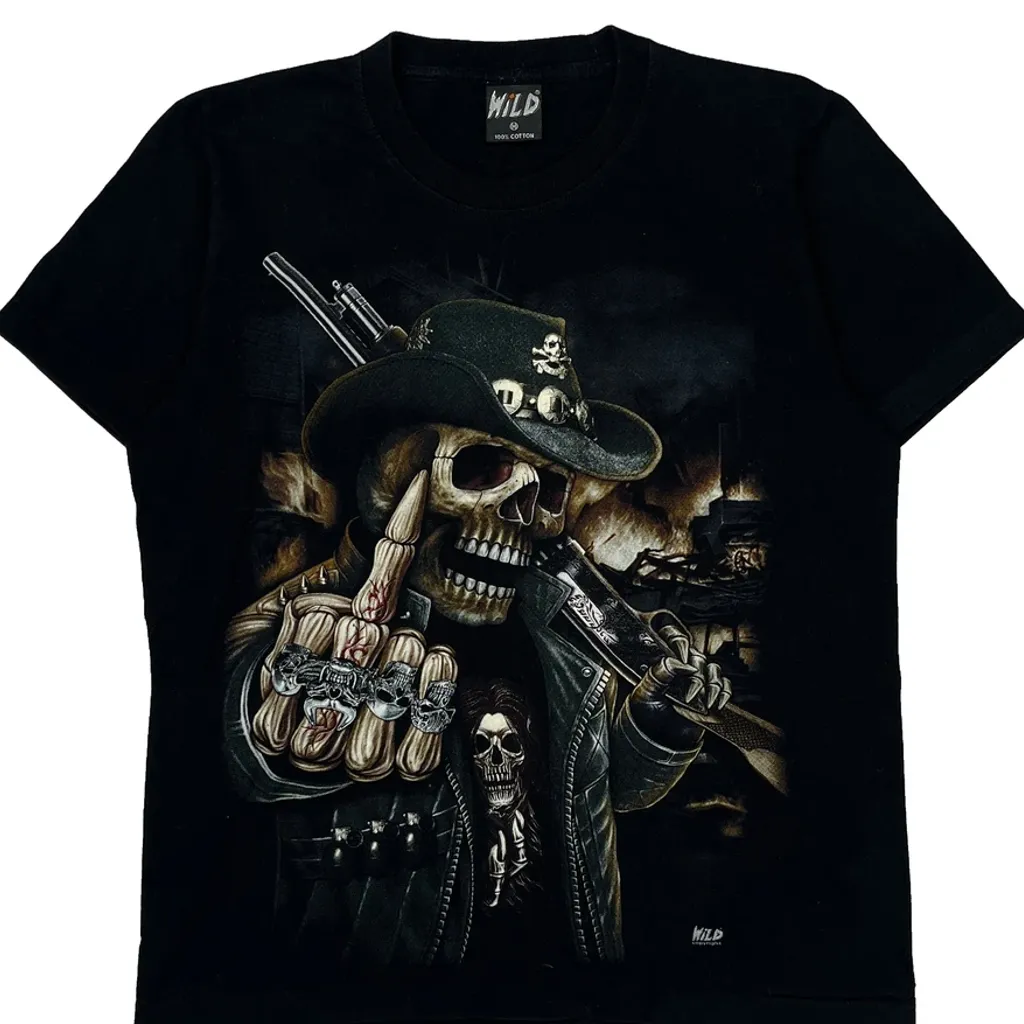 Skull Cowboy Design Wild Single Stitch T-Shirt - Medium Black Cotton - Image 4