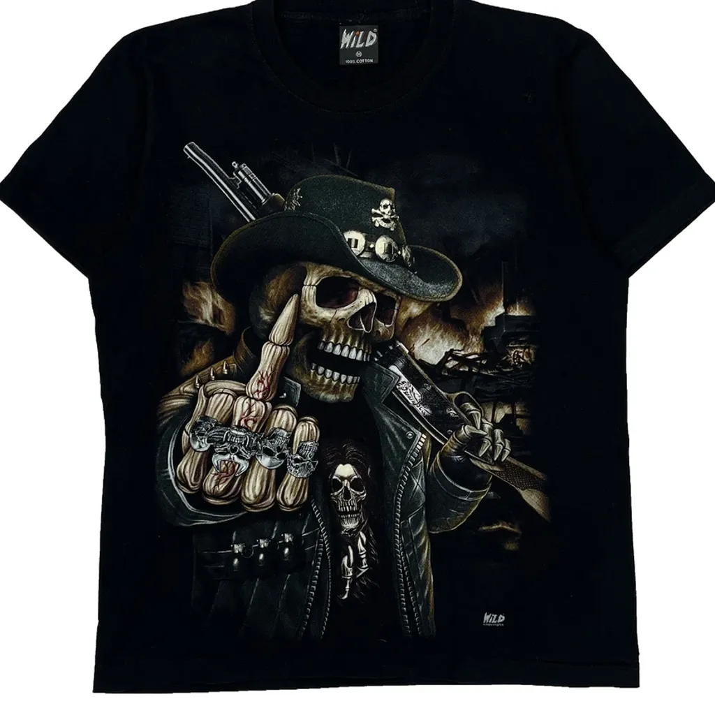 Skull Cowboy Design Wild Single Stitch T-Shirt - Medium Black Cotton - Image 5