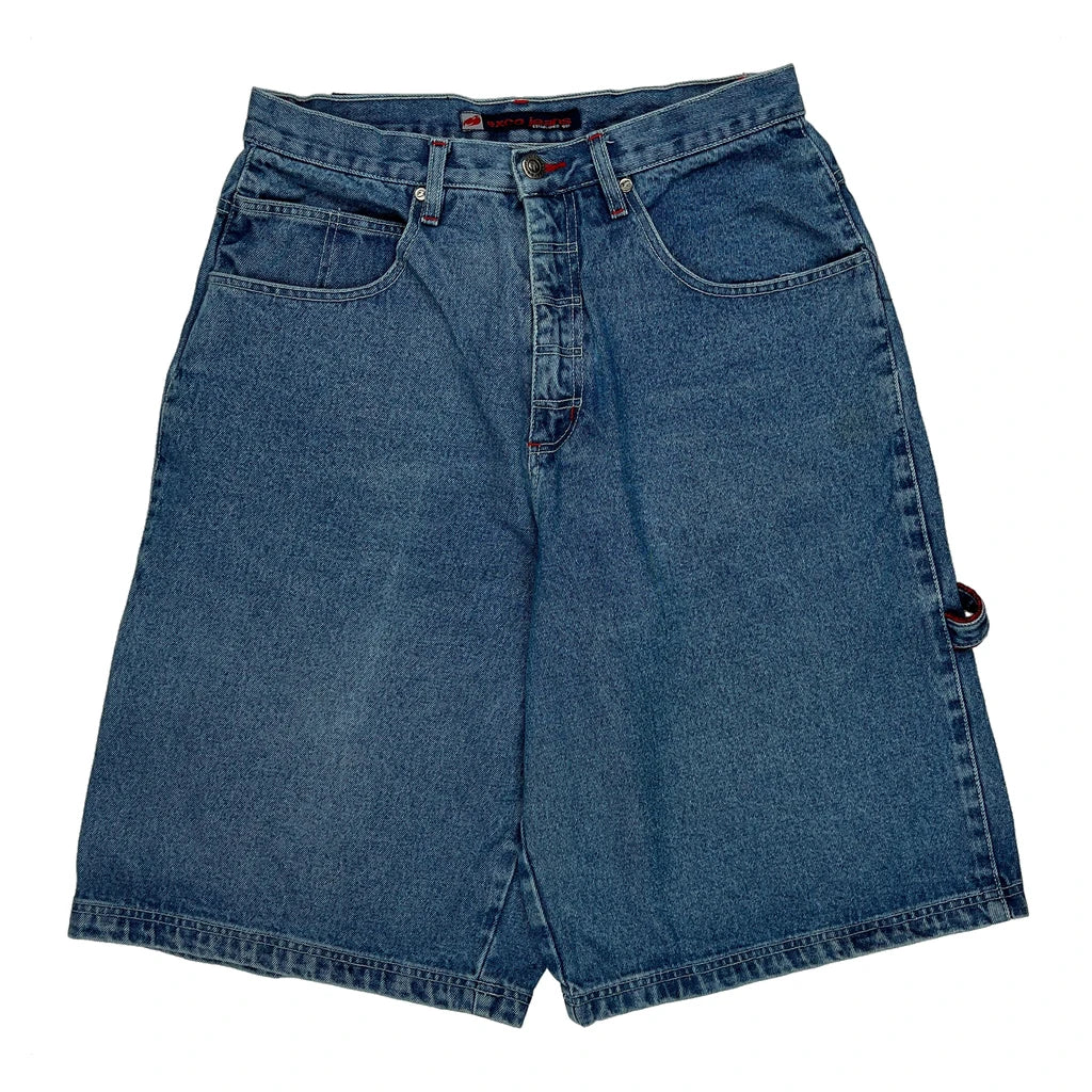 Skull Embroidered Exco Jeans Graphic Baggy Denim Shorts - 30W 11L Blue Cotton - Image 2