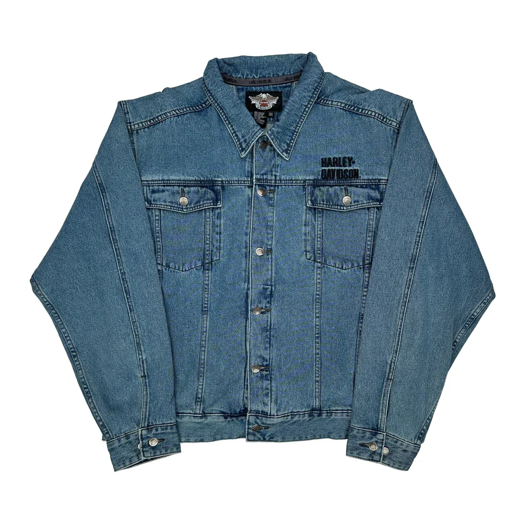 Skull Harley Davidson Graphic Denim Jacket - 3XL Blue Cotton