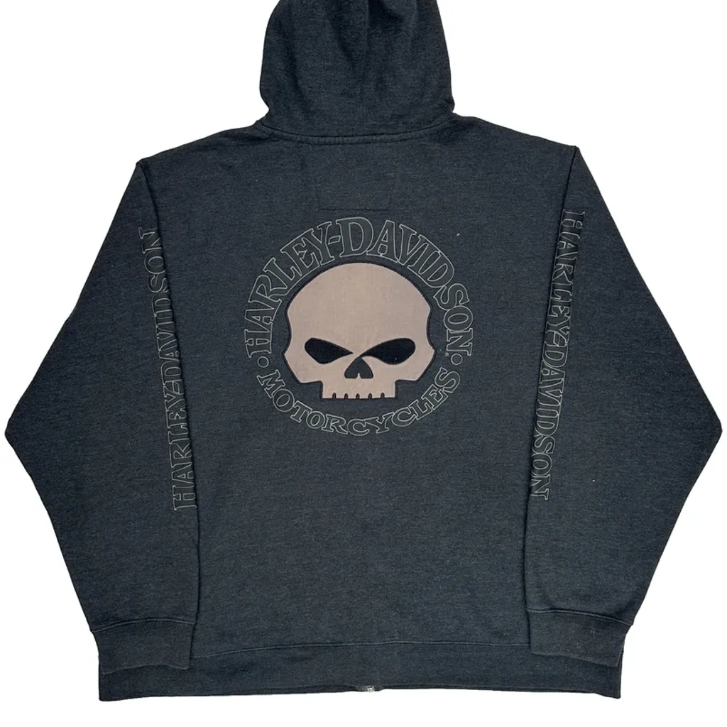 Skull Logo Harley Davidson Graphic Hoodie - 2XL Grey Cotton Blend - Image 7