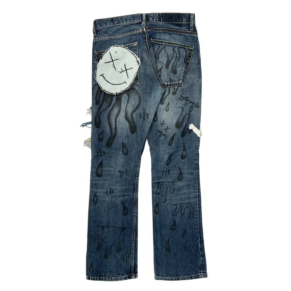 Smiley Face Patch Unbranded Custom Patched Jeans - 32W 33L Blue Denim