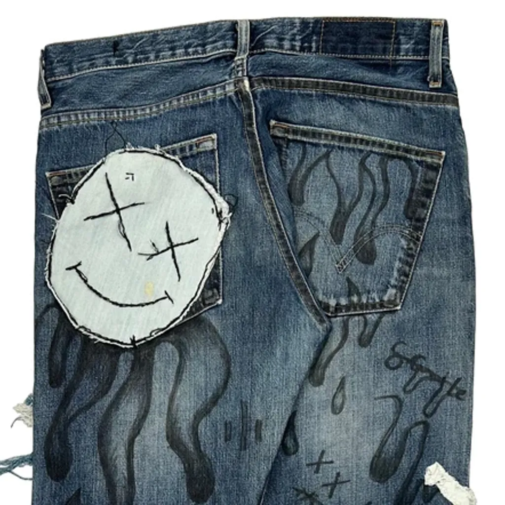 Smiley Face Patch Unbranded Custom Patched Jeans - 32W 33L Blue Denim - Image 8
