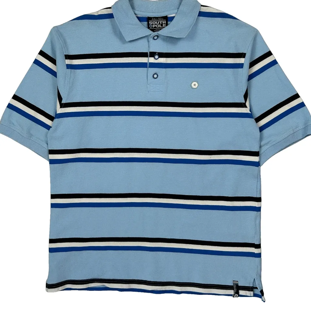 Southpole Striped Y2K Polo Shirt - Large Blue Cotton - Image 4