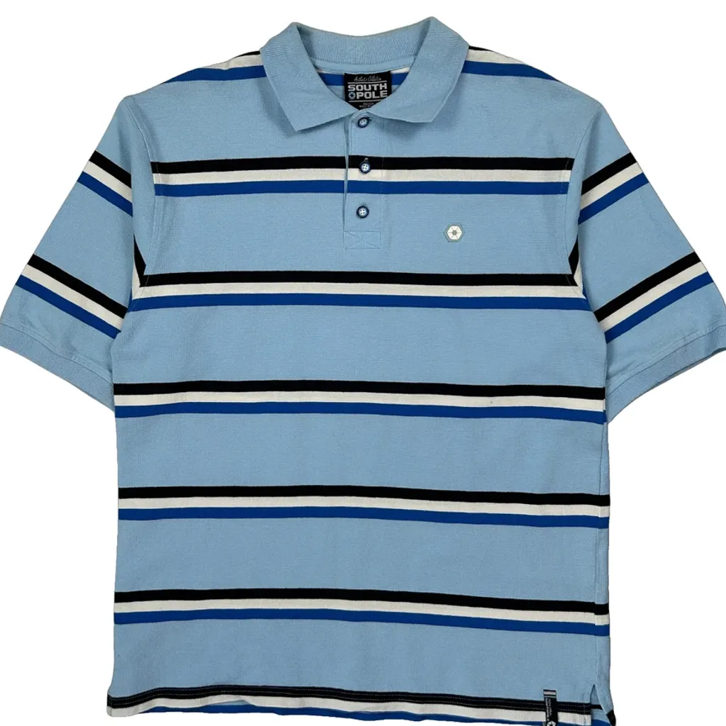 Southpole Striped Y2K Polo Shirt - Large Blue Cotton - Image 5