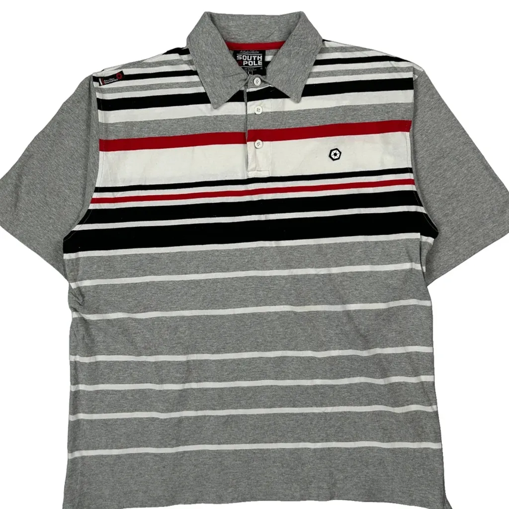Southpole Striped Polo Shirt - Large Grey Cotton - Image 5