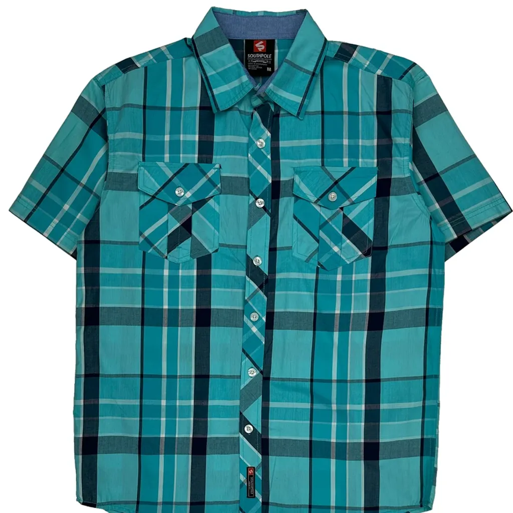 Southpole Checked Short Sleeve Shirt - Medium Blue Cotton Blend - Image 5