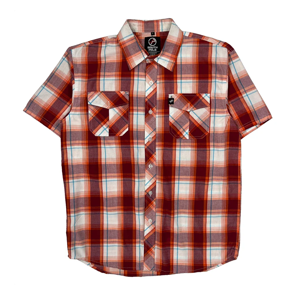 Southpole Checked Short Sleeve Shirt - Large Red Cotton Blend