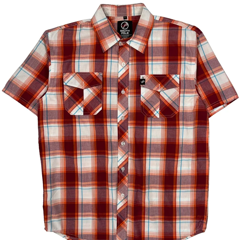 Southpole Checked Short Sleeve Shirt - Large Red Cotton Blend - Image 4