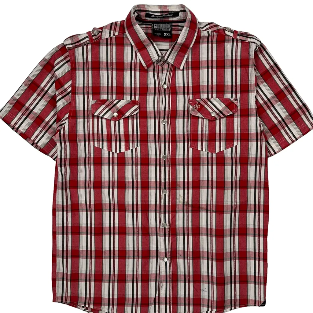 Southpole Checked Short Sleeve Shirt - 2XL Red Cotton - Image 4