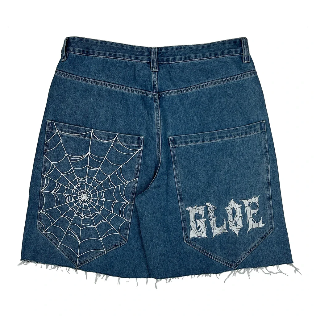 Spider Web Gloe Baggy Graphic Denim Shorts - 36W 11L Blue Denim