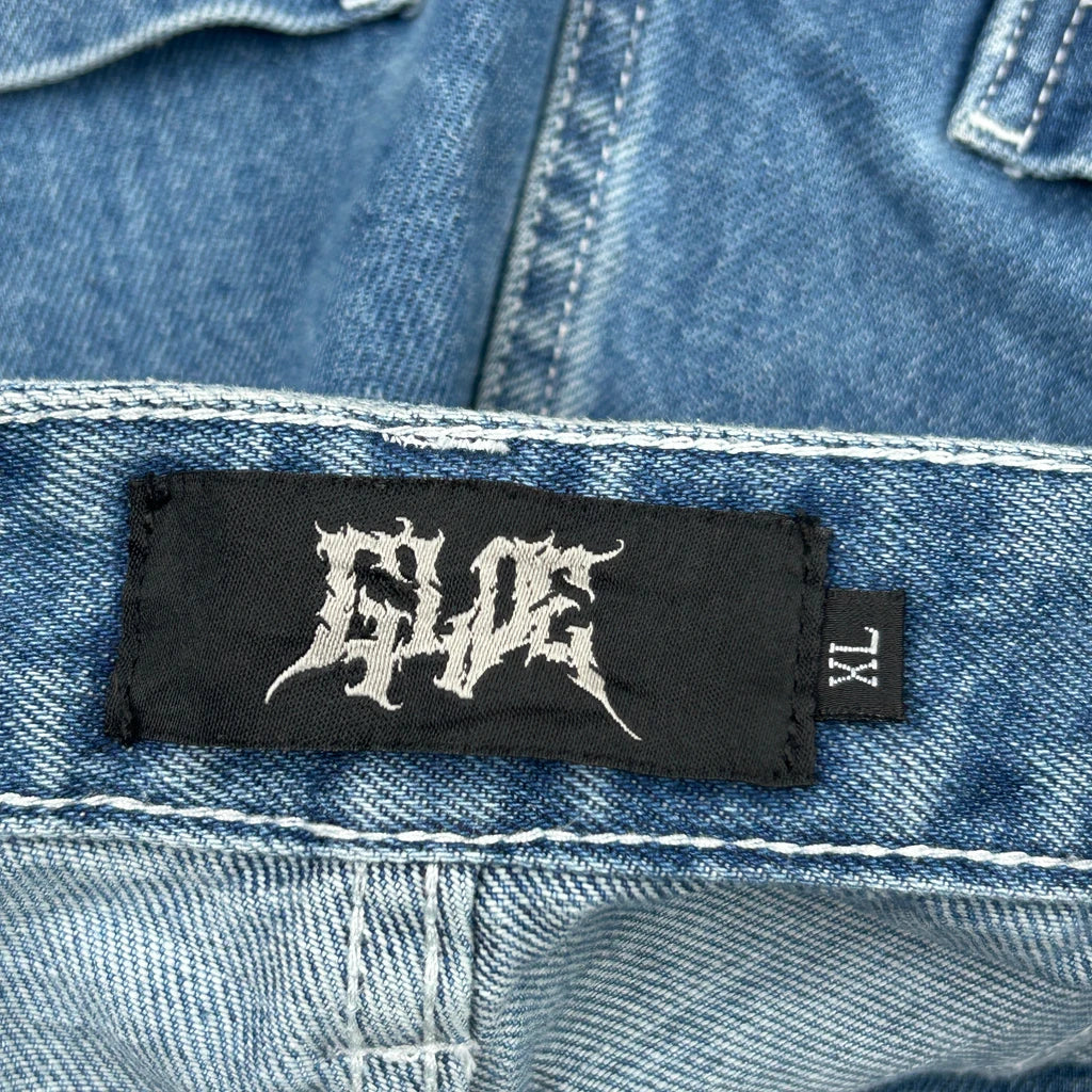 Spider Web Gloe Baggy Graphic Denim Shorts - 36W 11L Blue Denim - Image 6