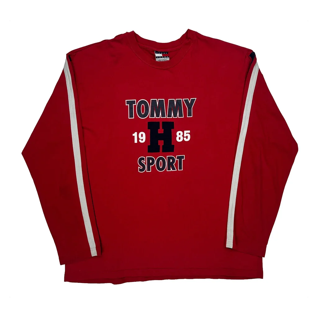 Sporty Design Tommy Jeans Graphic Long Sleeve T-Shirt - XL Red Cotton Blend
