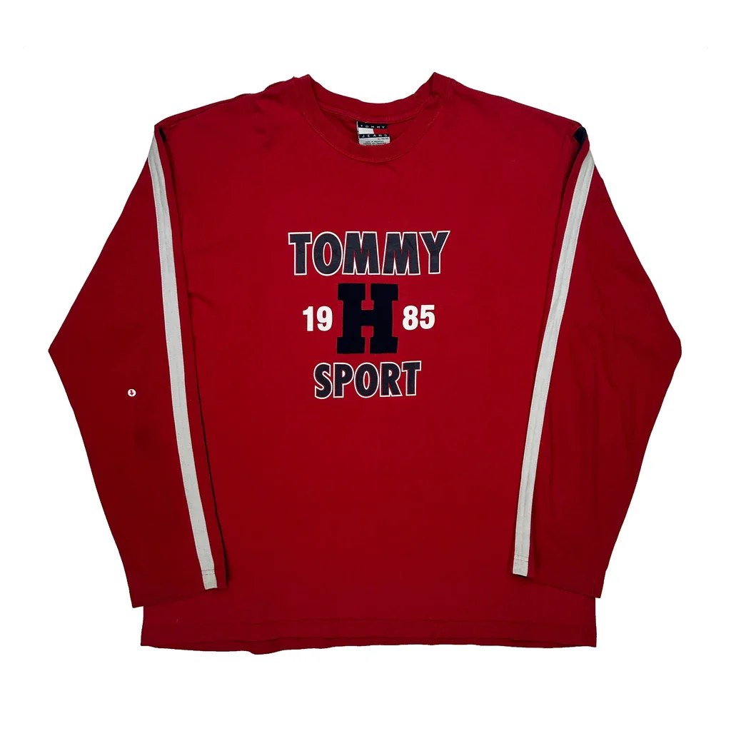 Sporty Design Tommy Jeans Graphic Long Sleeve T-Shirt - XL Red Cotton Blend - Image 2