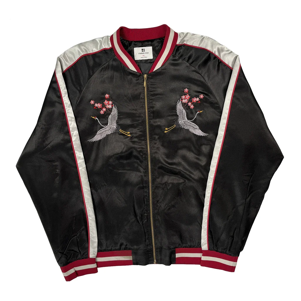 Standard Issue Graphic Souvenir Satin Varsity Jacket - XL Black Polyester
