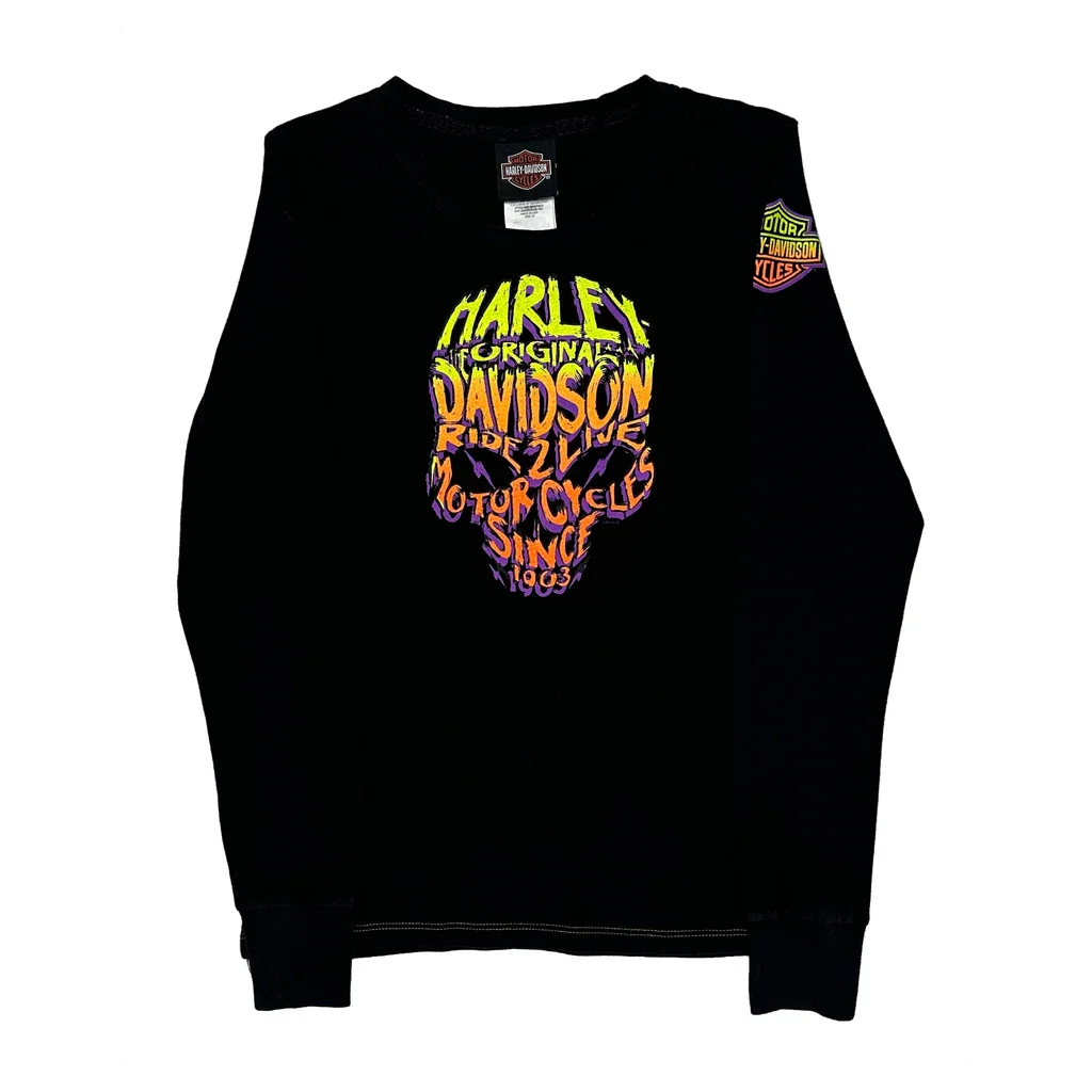 Starved Rock Harley Davidson Graphic Long Sleeve T-Shirt - Medium Black Cotton