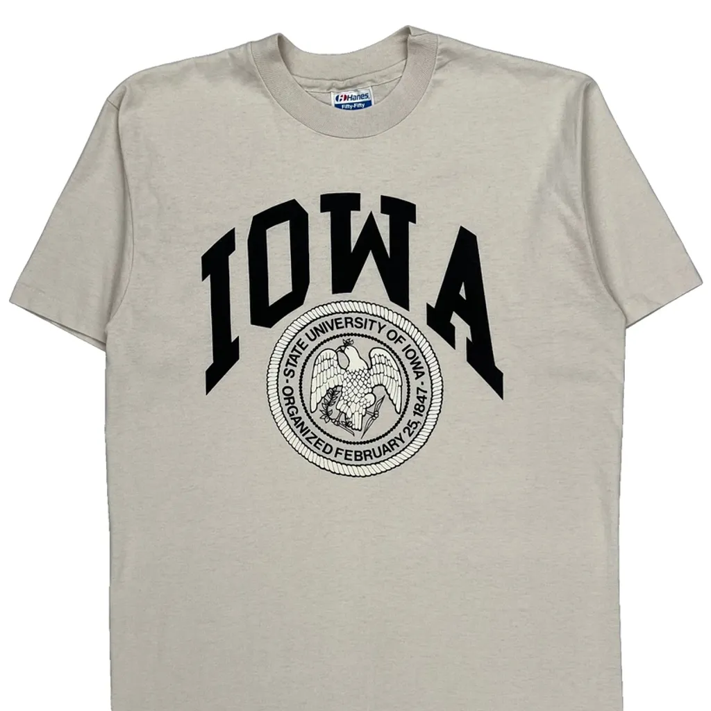 State University Of Iowa Hanes College T-Shirt - Large Beige Cotton Blend - Image 4