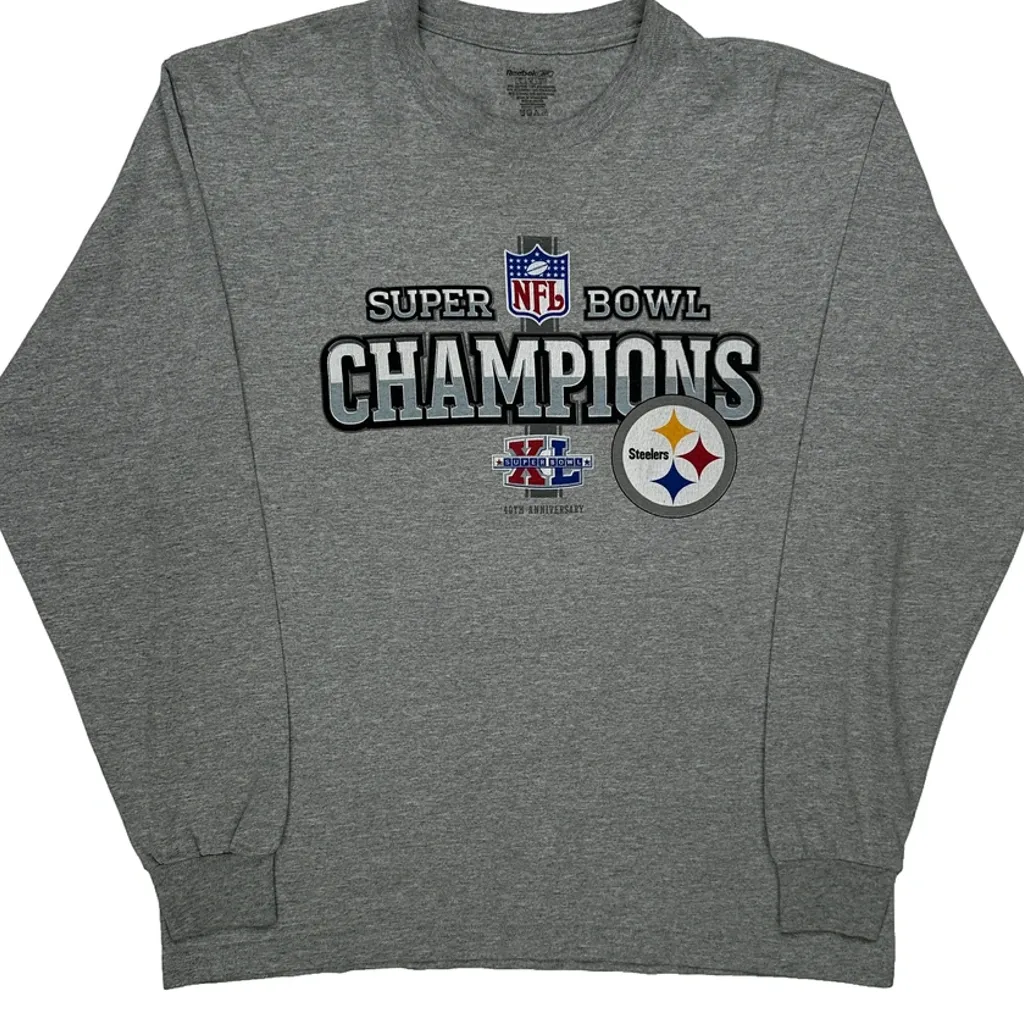 Steelers Reebok Nfl Long Sleeve T-Shirt - Large Grey Cotton Blend - Image 5