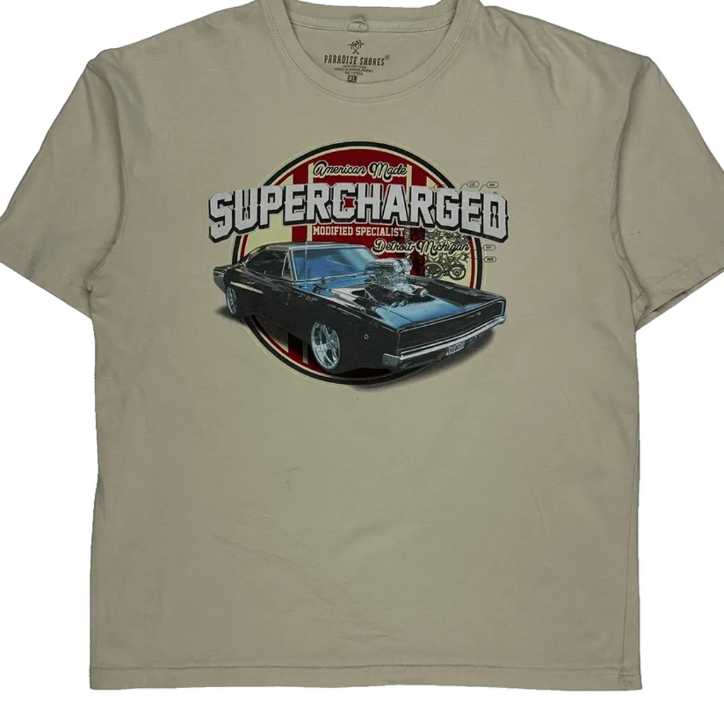 Supercharged Car Print Paradise Shores Graphic T-Shirt - XL Beige Cotton - Image 4
