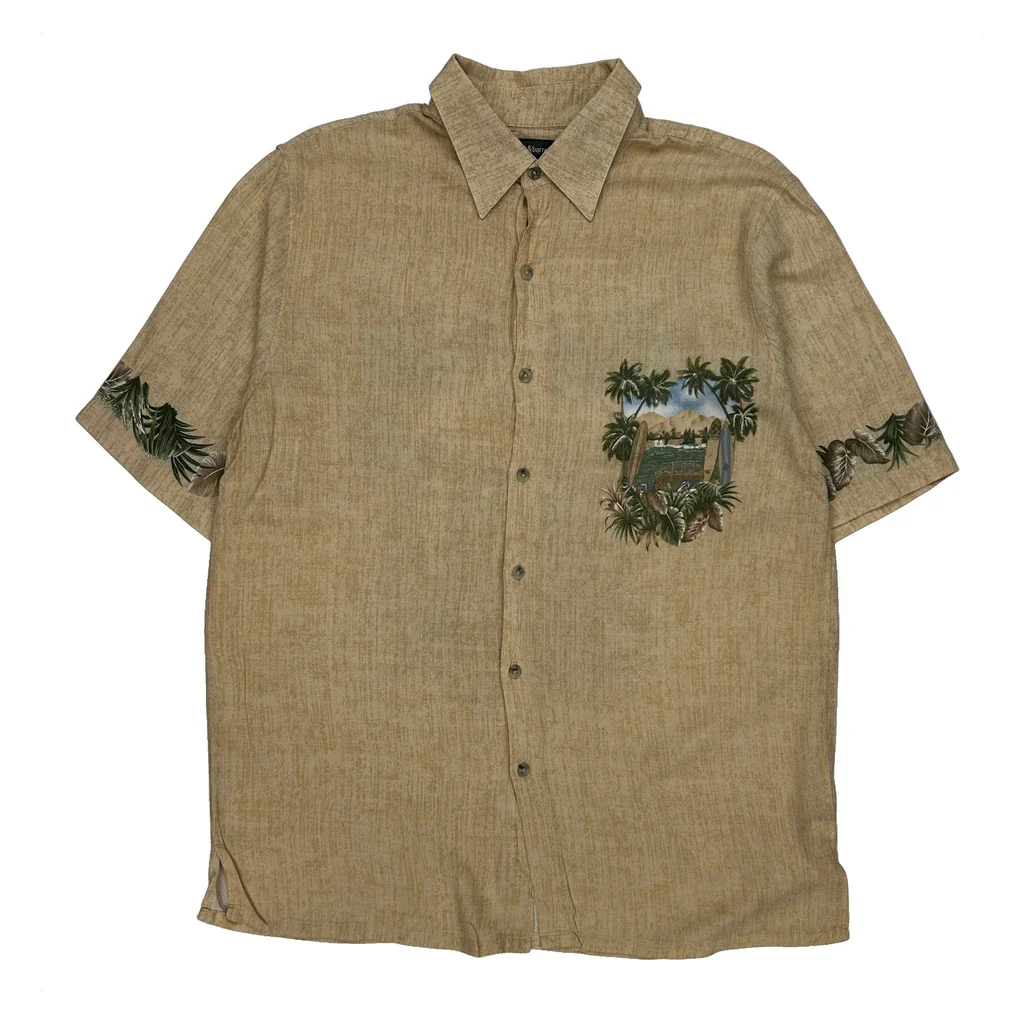 Surfing Scene Croft & Barrow Graphic Hawaiian Shirt - Medium Beige Cotton