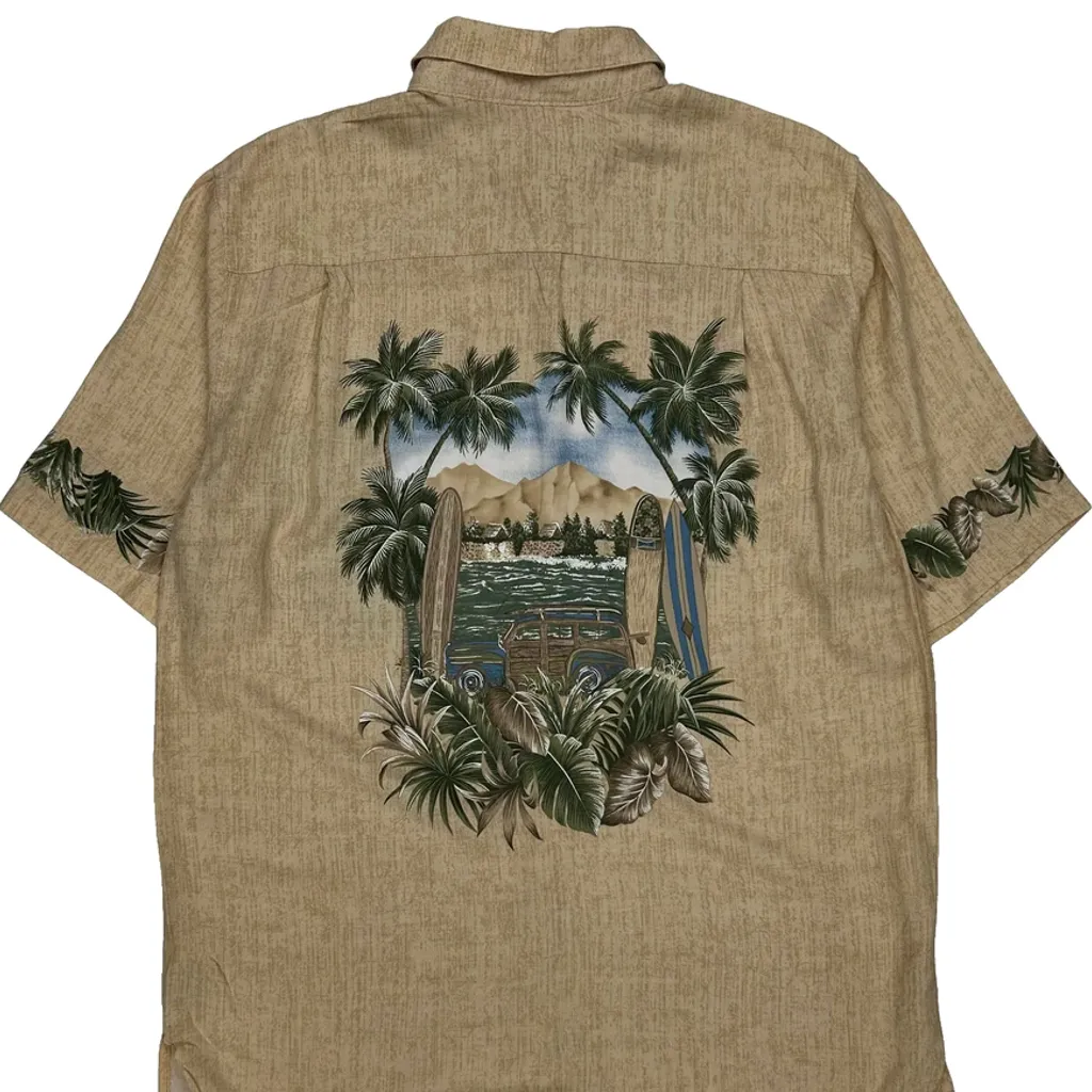 Surfing Scene Croft & Barrow Graphic Hawaiian Shirt - Medium Beige Cotton - Image 6