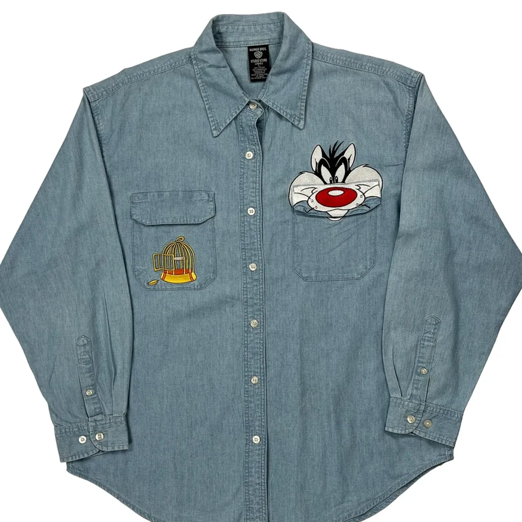 Sylvester The Cat And Tweety Bird Embroidery Warner Bros Cartoon Denim Shirt - Large Blue Cotton - Image 4