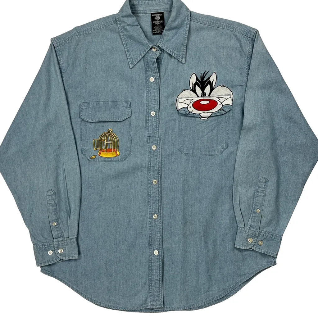 Sylvester The Cat And Tweety Bird Embroidery Warner Bros Cartoon Denim Shirt - Large Blue Cotton - Image 5