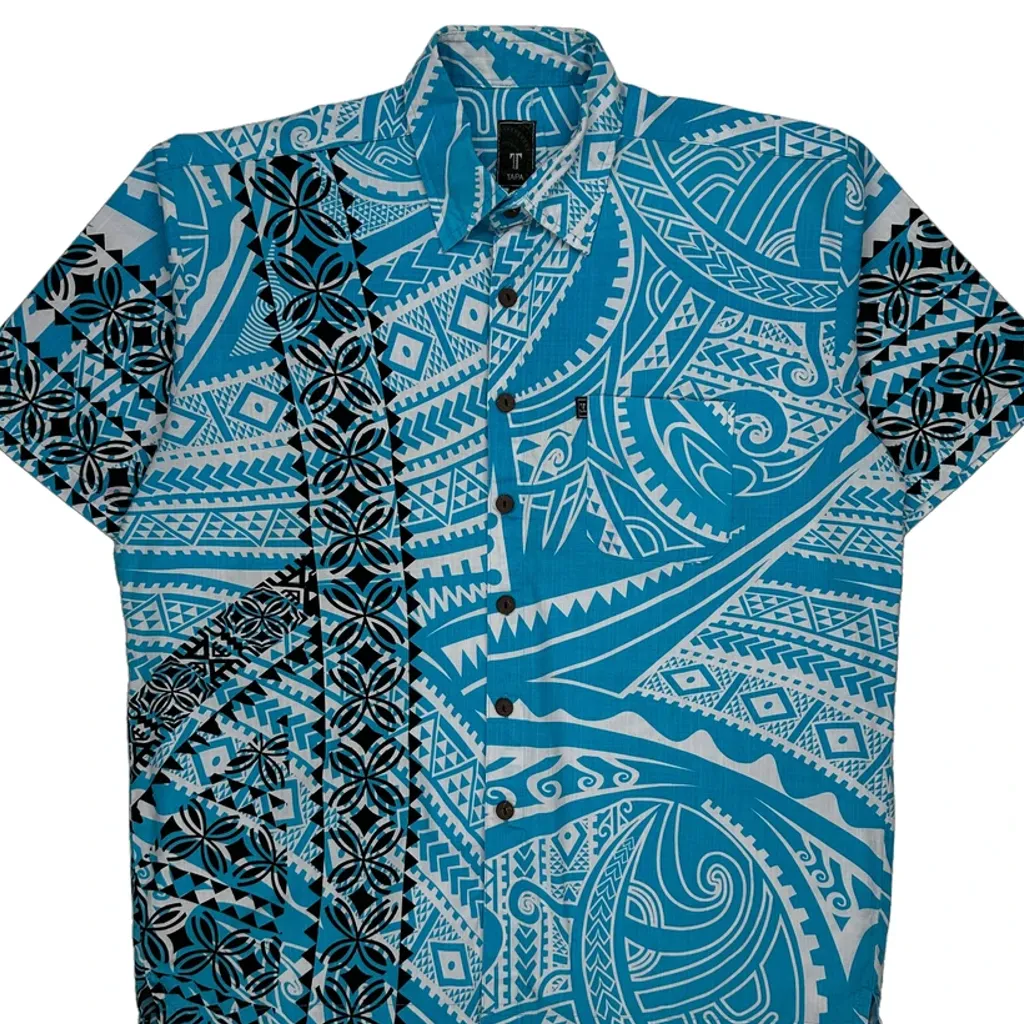 Tapa Graphic Hawaiian Shirt - 3XL Blue Cotton - Image 4