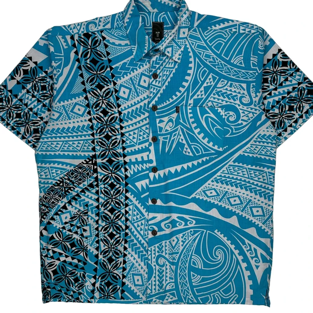 Tapa Graphic Hawaiian Shirt - 3XL Blue Cotton - Image 5