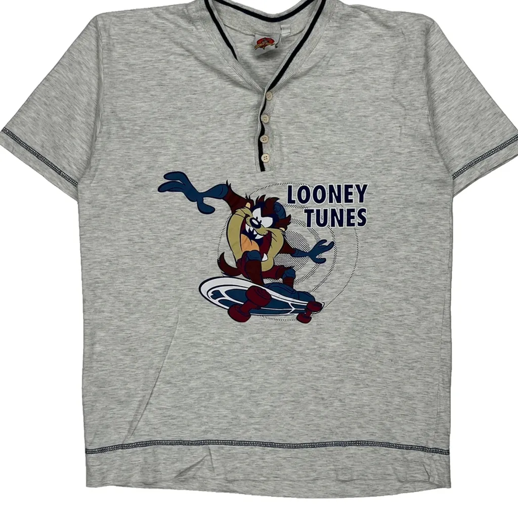 Taz Looney Tunes Cartoon Henley T-Shirt - Medium Grey Cotton - Image 5