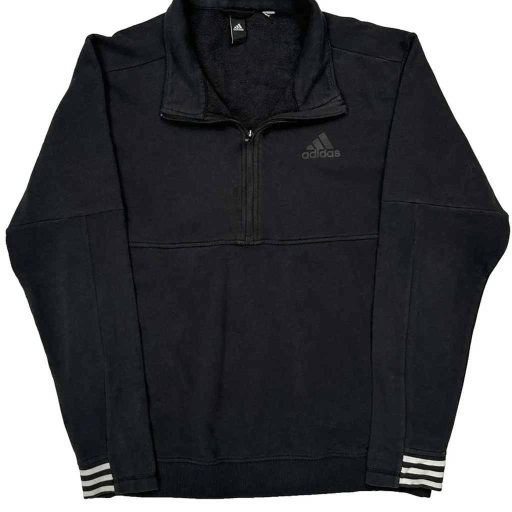 Three Stripes On Cuffs Adidas 1/4 Zip - Large Black Polyester - Image 6
