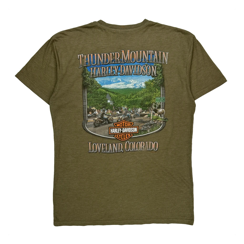 Thunder Mountain Harley Davidson Graphic T-Shirt - Small Green Cotton - Image 2