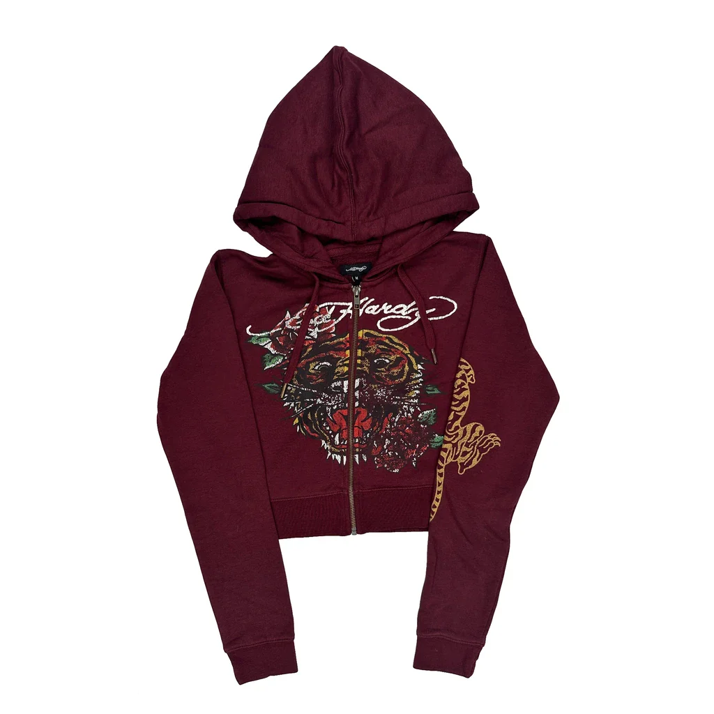 Tiger Design Ed Hardy Cropped Hoodie - Medium Burgundy Cotton