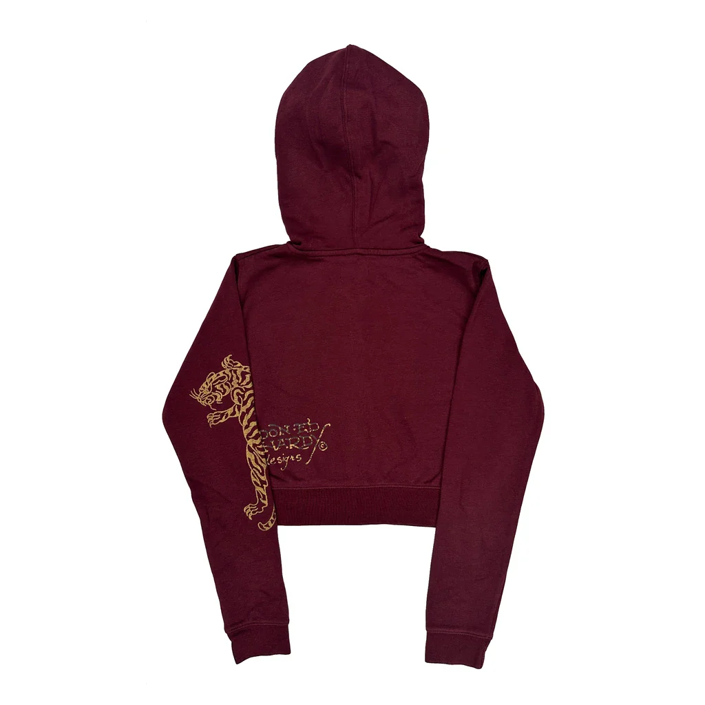 Tiger Design Ed Hardy Cropped Hoodie - Medium Burgundy Cotton - Image 2