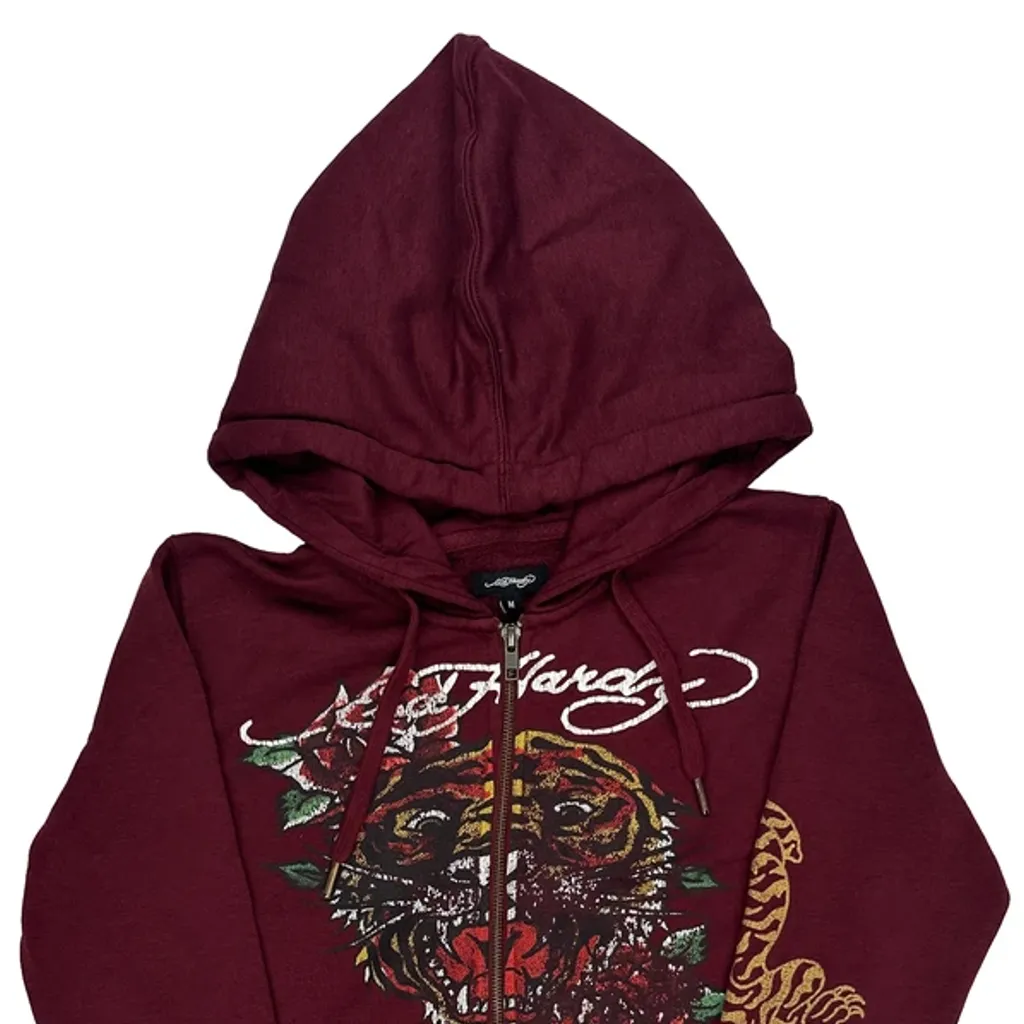 Tiger Design Ed Hardy Cropped Hoodie - Medium Burgundy Cotton - Image 5
