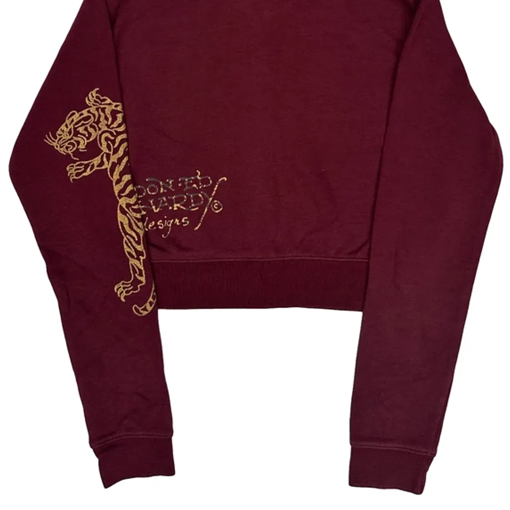 Tiger Design Ed Hardy Cropped Hoodie - Medium Burgundy Cotton - Image 6