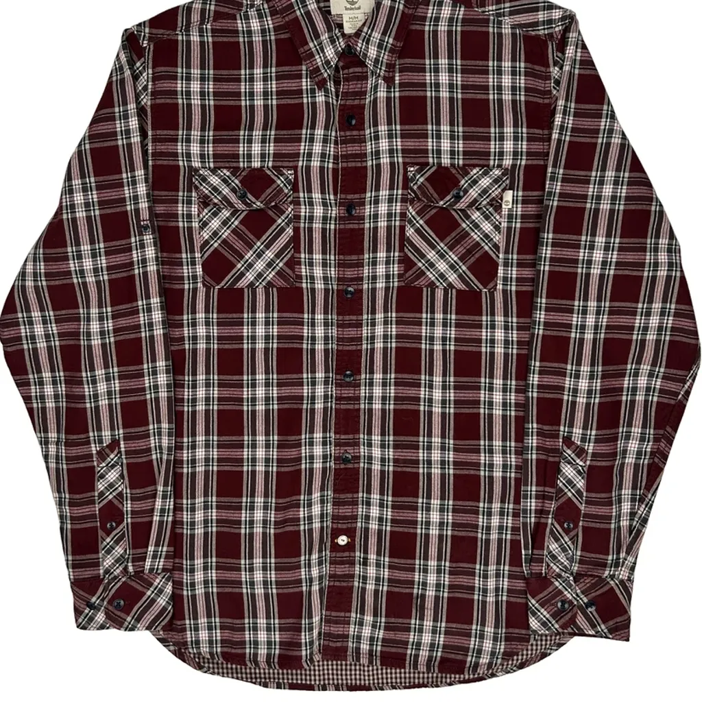 Timberland Checked Flannel Shirt - Medium Burgundy Cotton - Image 5