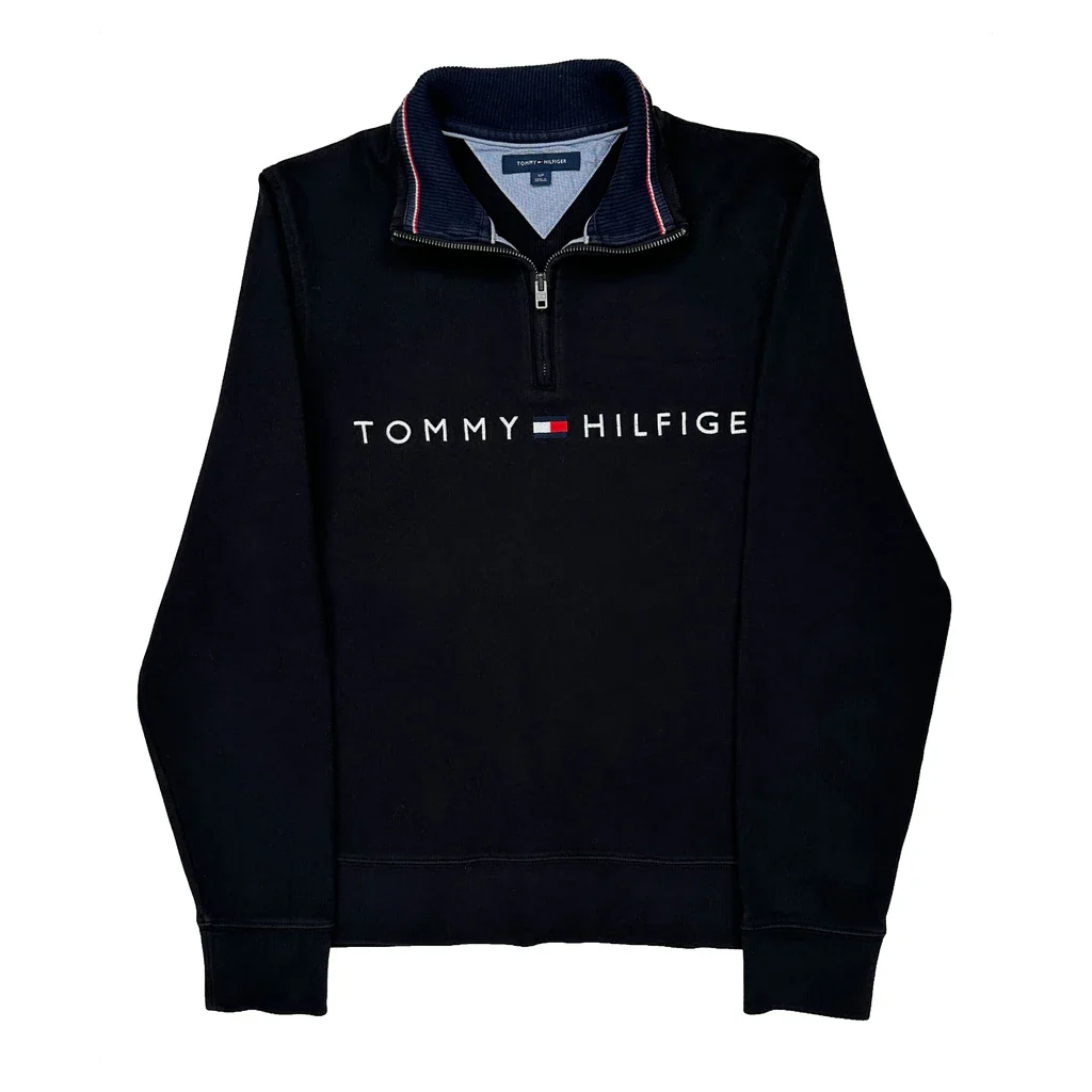Tommy Hilfiger Spellout 1/4 Zip - Small Black Cotton