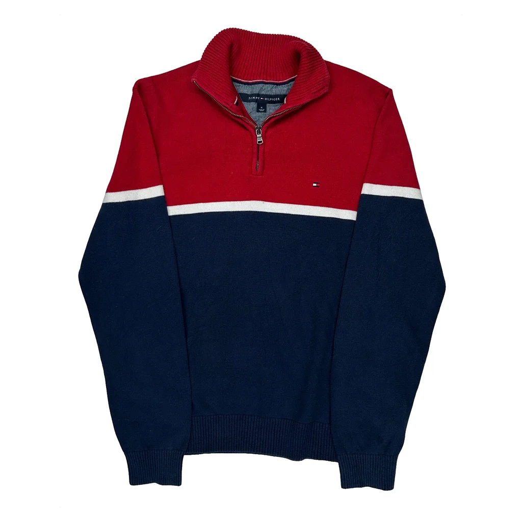 Tommy Hilfiger Striped 1/4 Zip - Medium Blue Cotton