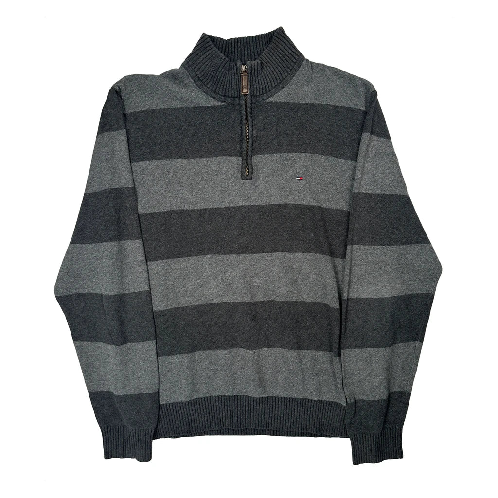 Tommy Hilfiger Striped 1/4 Zip - Medium Gray Cotton