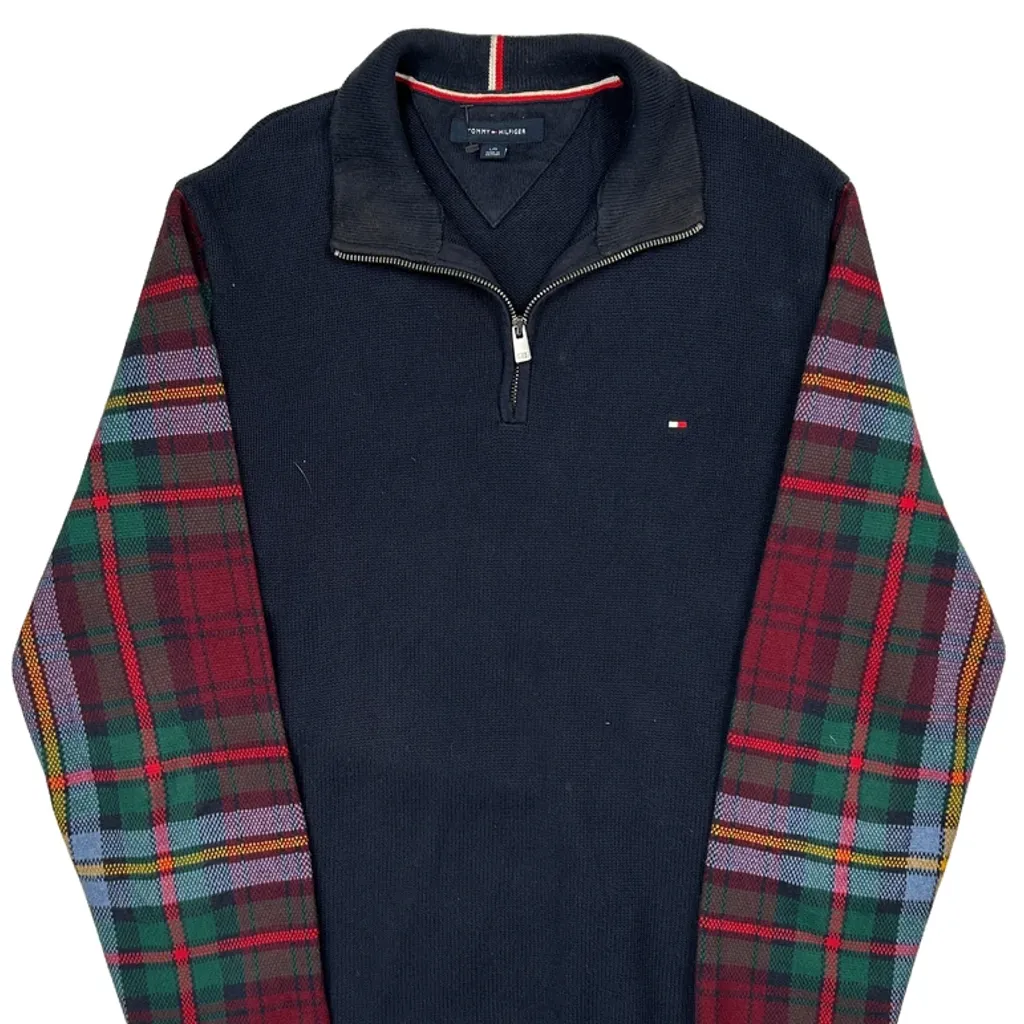 Tommy Hilfiger Checked 1/4 Zip - Large Navy Cotton - Image 4