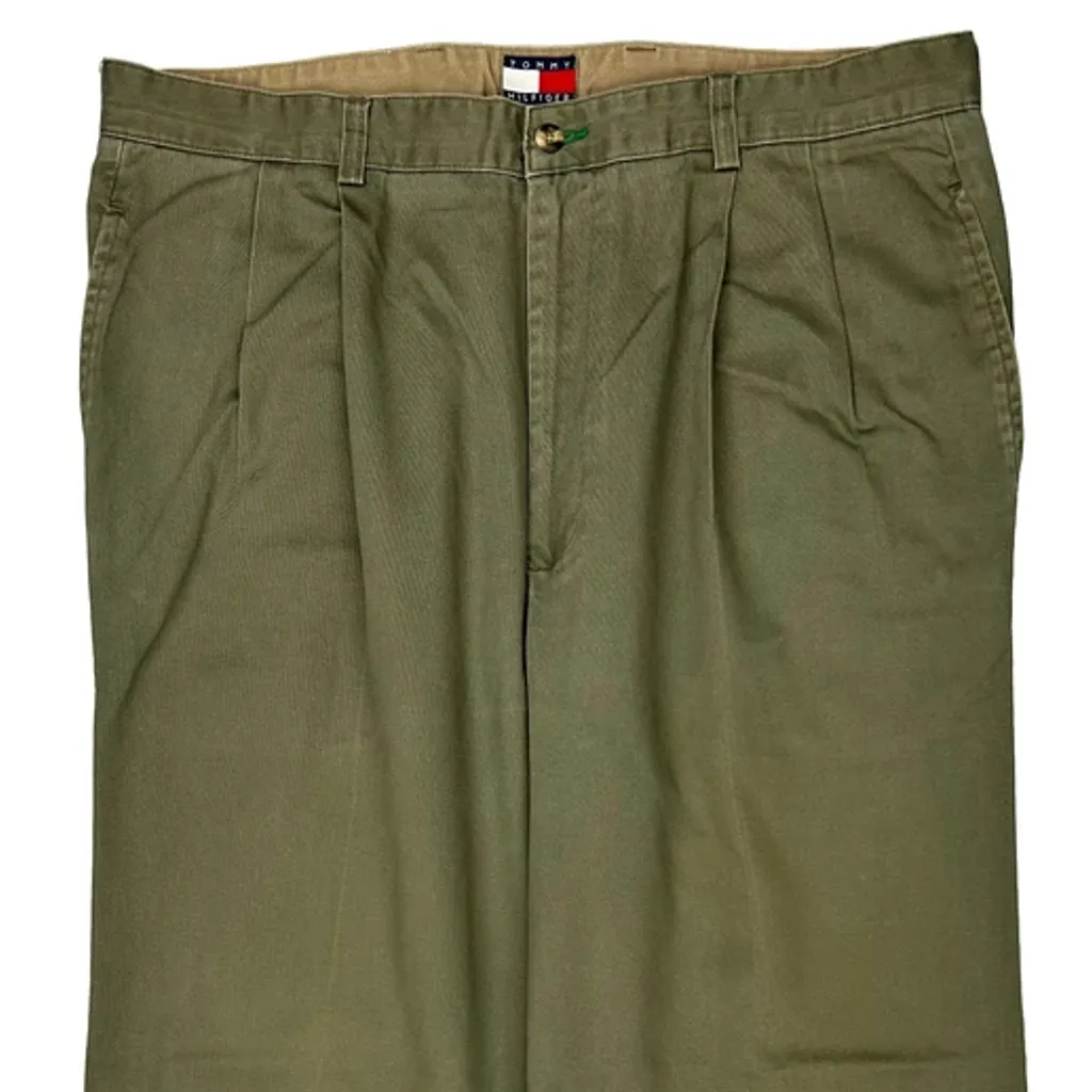 Tommy Hilfiger Wide Leg Pleated Chinos - 38W 30L Green Cotton - Image 10