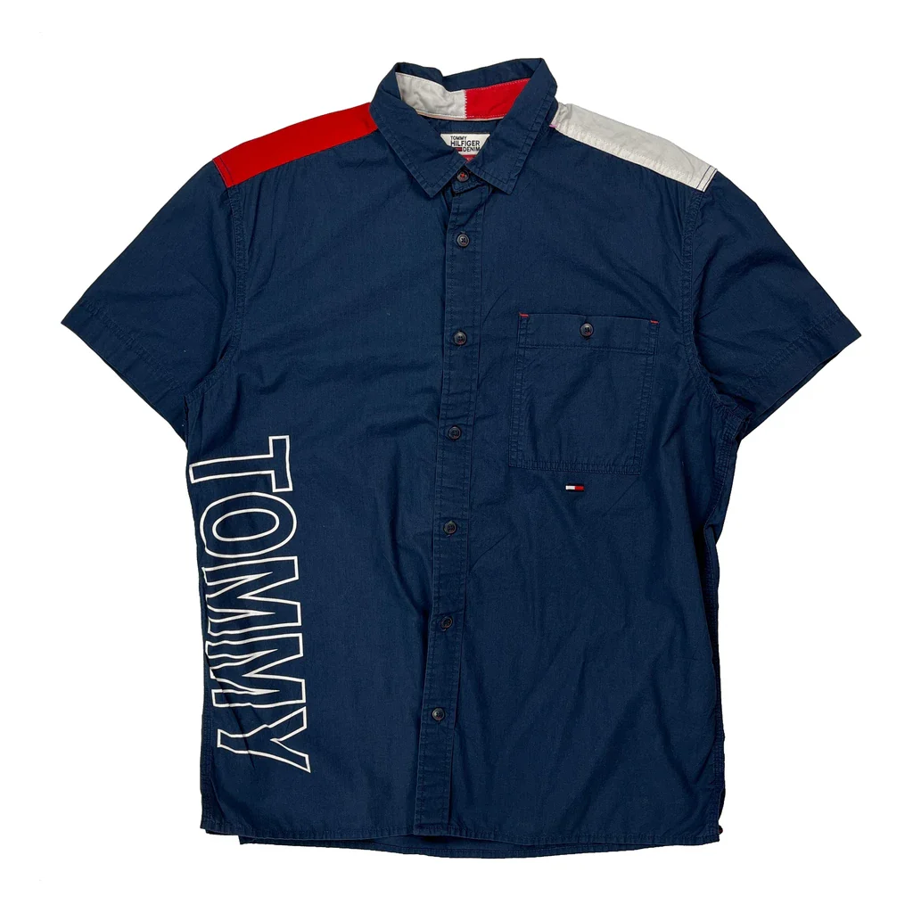 Tommy Hilfiger Denim Spellout Short Sleeve Shirt - Large Blue Cotton